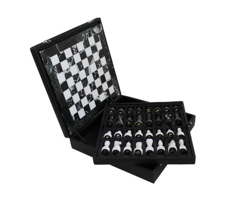 Handmade Black & White Marble Chess Set with Leather Case, 40 cm Board, Italian