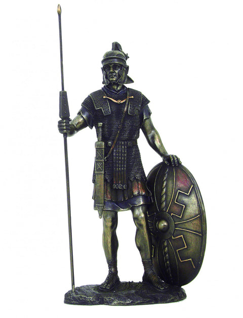 Roman Soldier Statue 35cm Bronze Finish Resin Figurine with Shield, Italy