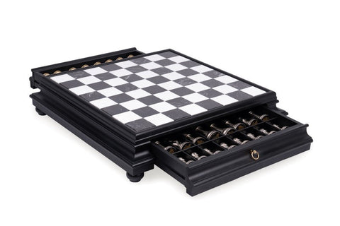 Handmade Metal Chess Set, Marble Wood Board, Drawer, Gold & Silver, Italy