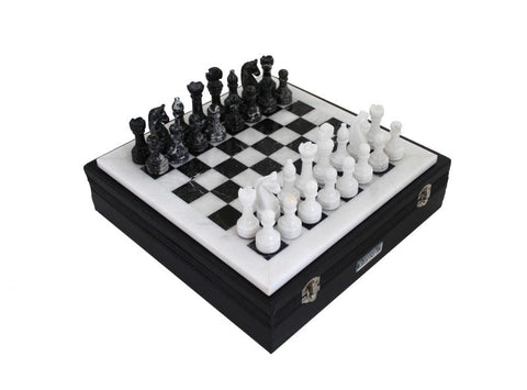 Handmade Black & White Marble Chess Set with Leather Case, Italian, 30cm Board