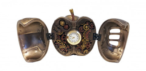 Hinged Steampunk Apple Clock Sculpture, Bronze Resin Victorian Gear Decor