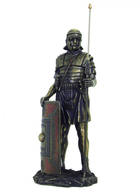 Roman Soldier Statue with Shield - Bronze Resin Figurine, 36cm, Italian Made
