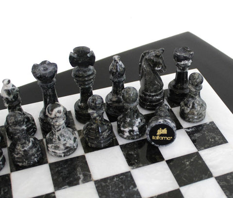 Handmade Black & White Marble Chess Set with Leather Case, Italian, 30cm Board