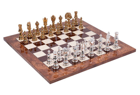 Handmade Brass Chess Set, Gold & Silver Plated, Italian Elm Wood Board