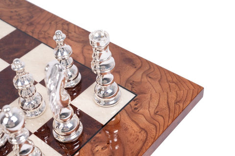 Handmade Brass Chess Set, Gold & Silver Plated, Italian Elm Wood Board