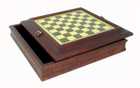 Handmade Wooden Chess Board with Storage, Brass Effect, 50x50 cm, Italy