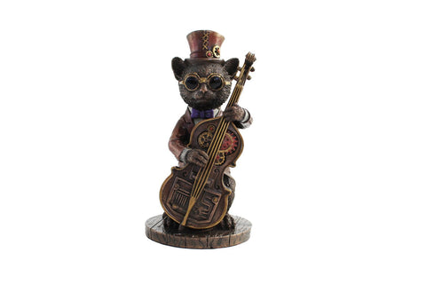 Steampunk Cat Bass Guitar Statue, Bronze Resin Figurine, 13 cm, Italian Made