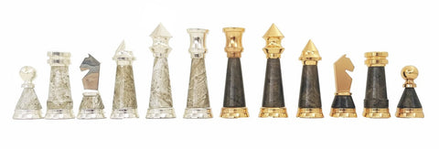 Modern Brass & Wood Chess Pieces Set, Handmade, Italian, 11cm King Gold & Silver
