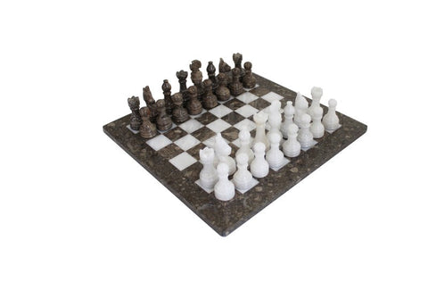 Luxury Handmade Gray & White Marble Chess Set with Leather Case, 30cm, Italian