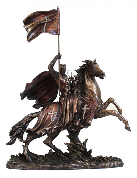 Medieval Crusader Knight on Horse Bronze-Tone Resin Statue, 30x12x37 cm