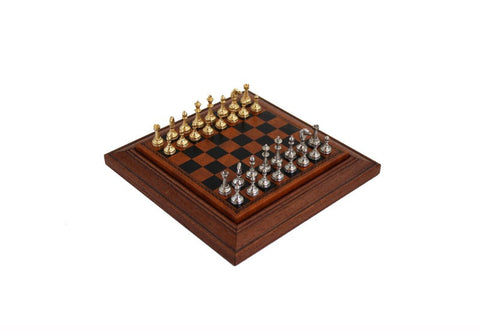 Gold & Silver Plated Metal Chess Set, Leather Board with Drawer, Italy