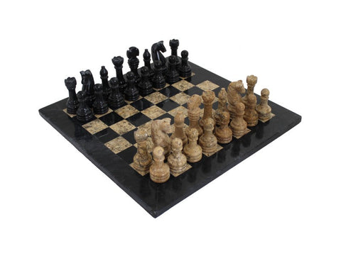 Italian Handmade Marble Chess Set, Black & Brown, Leather Case, 30cm Board