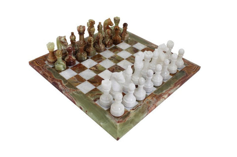 Handmade White & Onyx Marble Chess Set with Leather Case, Made in Italy 40cm