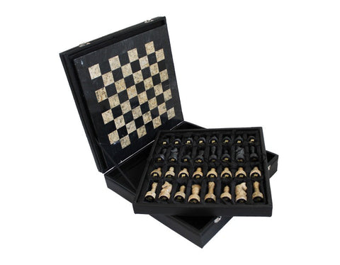 Italian Handmade Marble Chess Set, Black & Brown, Leather Case, 30cm Board