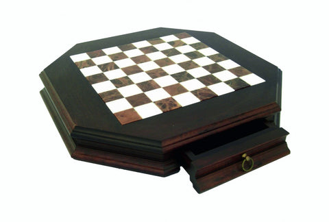 Octagonal Wood & Marble Chess Board with Drawer, 46x46 cm, Made in Italy