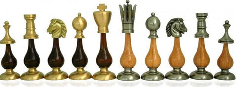 Luxury XL Brass & Wood Chess Pieces, Italian, Gold/Silver Plated, 21cm King