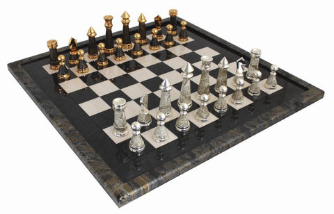 Handmade Brass Chess Set, Gold & Silver Plated, Wooden Board, Made in Italy