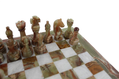 Handmade White & Onyx Marble Chess Set with Leather Case, Made in Italy 40cm