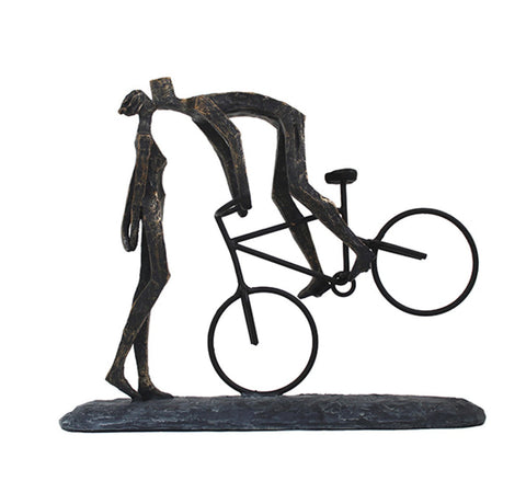 Bronze Finish Cyclist Kiss Sculpture, Italian Resin Statue, Romantic Decor