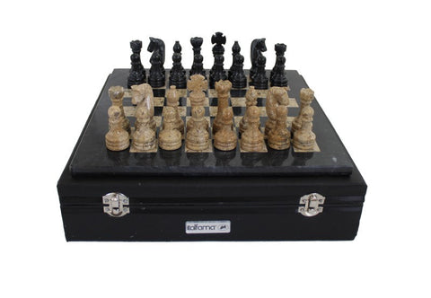 Italian Handmade Marble Chess Set, Black & Brown, Leather Case, 30cm Board