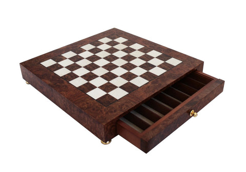 Handmade Elm Wood Chess Board with Drawer Storage, 42x42cm, Made in Italy