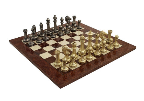 Handmade Metal Chess Set, Gold & Silver Pieces, Elm Wood Board 51cm, Italy