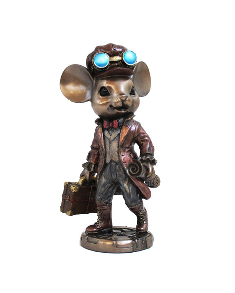 Steampunk Traveler Mouse Figurine, Bronze Resin Statue, 14cm Home Decor Gift