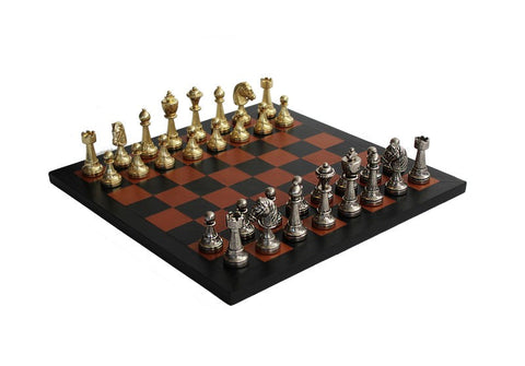 Luxury Chess Set, Metal Pieces, Gold & Silver Plated, Leather Board, Handmade