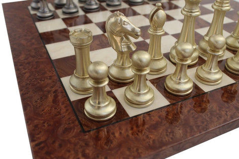 Handmade Metal Chess Set, Gold & Silver Pieces, Elm Wood Board 51cm, Italy