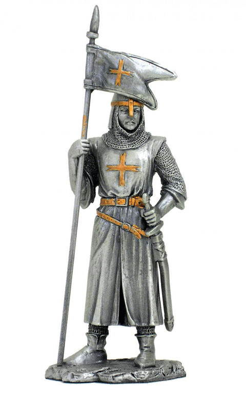 Teutonic Knight Figurine with Flag, 13cm Hand-Painted Tin Statue, Italy