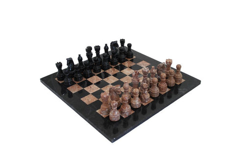 Italian Handmade Black & Pink Marble Chess Set with Leather Case, 40 cm Board