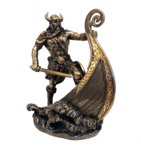 Viking Warrior on Drakkar Longship Bronze Resin Statue 24cm Norse Decor