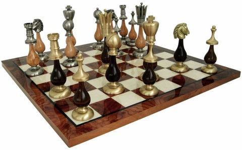 Luxury Oversized Brass & Wood Chess Set with Elm Board, Handmade in Italy