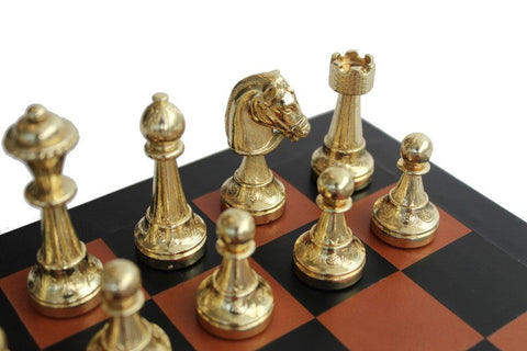Luxury Chess Set, Metal Pieces, Gold & Silver Plated, Leather Board, Handmade