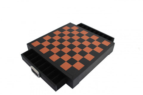 Genuine Leather Chess Board with Storage, Black/Brown, 48x48 cm, Italian