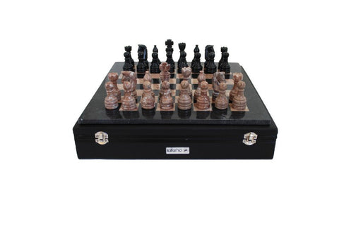 Italian Handmade Black & Pink Marble Chess Set with Leather Case, 40 cm Board