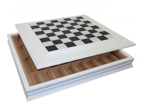 White Marble Top Wooden Chess Board with Drawer, 50x50 cm, Handmade Italy