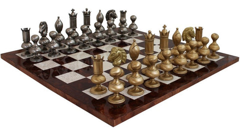 Large Luxury Brass Chess Set, Elm Wood Board, Gold & Silver Plated, Handmade