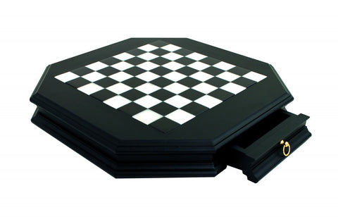 Octagonal Black Marble & Wood Chess Board with Drawer, 46 cm, Handmade Italy