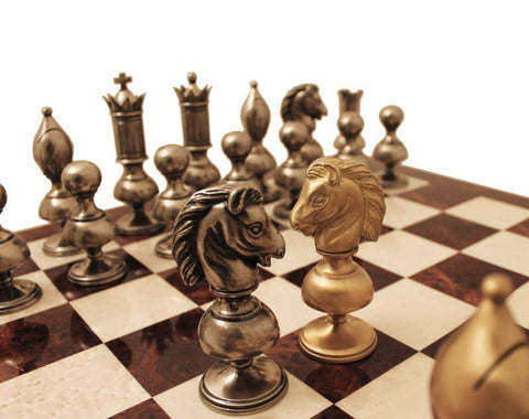 Large Luxury Brass Chess Set, Elm Wood Board, Gold & Silver Plated, Handmade