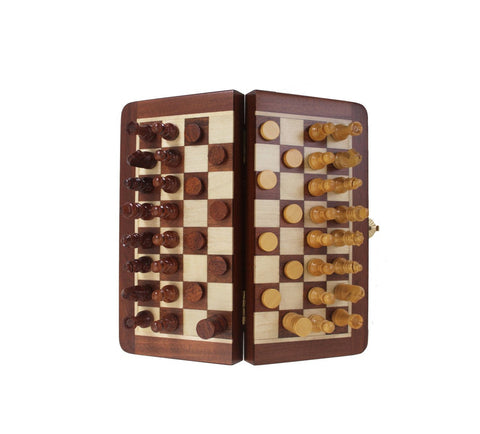 Magnetic Wooden Travel Chess Set with Folding Board + Checkers, Italian