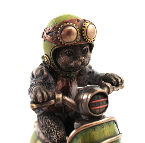 Italian Bronze Resin Cat on Scooter Statue, Handmade Home Decor Gift, 14x7x14cm