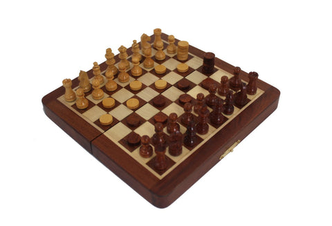 Magnetic Wooden Travel Chess Set with Folding Board + Checkers, Italian