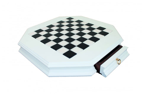 Octagonal White Marble & Wood Chess Board with Drawer, Handmade in Italy, 46cm