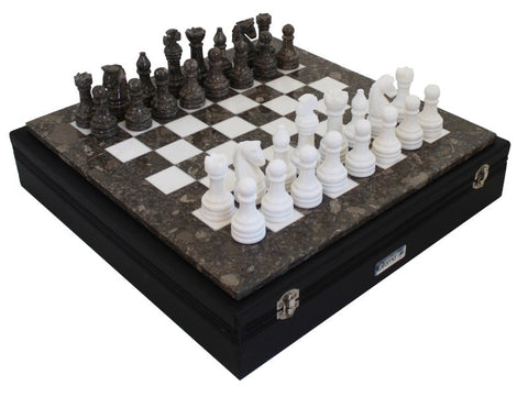 Handmade Gray & White Marble Chess Set with Leather Case, Made in Italy