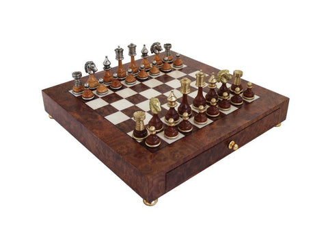 Handmade Brass & Wood Chess Set, Elm Board with Drawer, Made in Italy