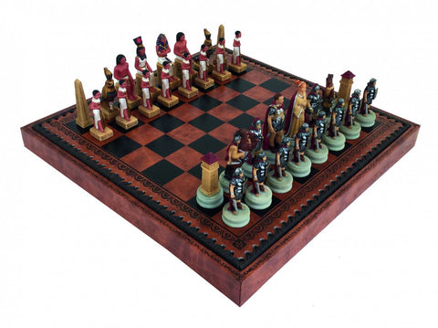 Romans vs Egyptians Chess Set, Resin, Faux Leather Board, Backgammon