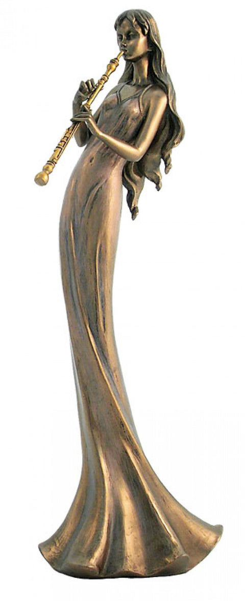 Bronze Finish Flute Player Lady Statue, 35cm Italian Resin Figurine