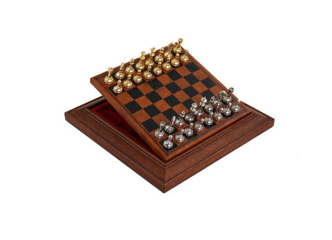 Gold & Silver Plated Metal Chess Set, Leather Board with Drawer, Italy