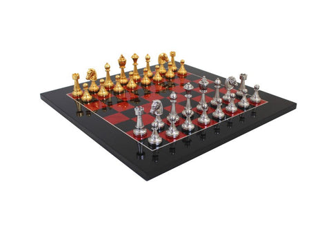 Italian Handmade Metal Chess Set, Gold & Silver Pieces, Red/Black Wood Board